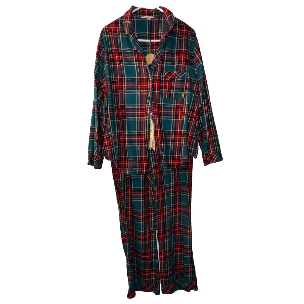 Victoria's  Secret Flannel Pajama 2 Pc Tartan Holiday Plaid Gold Cozy Warm Sz L
